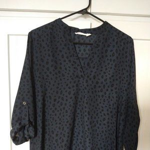 Slate blue summer shirt with petite black imprint and rollup sleeves
